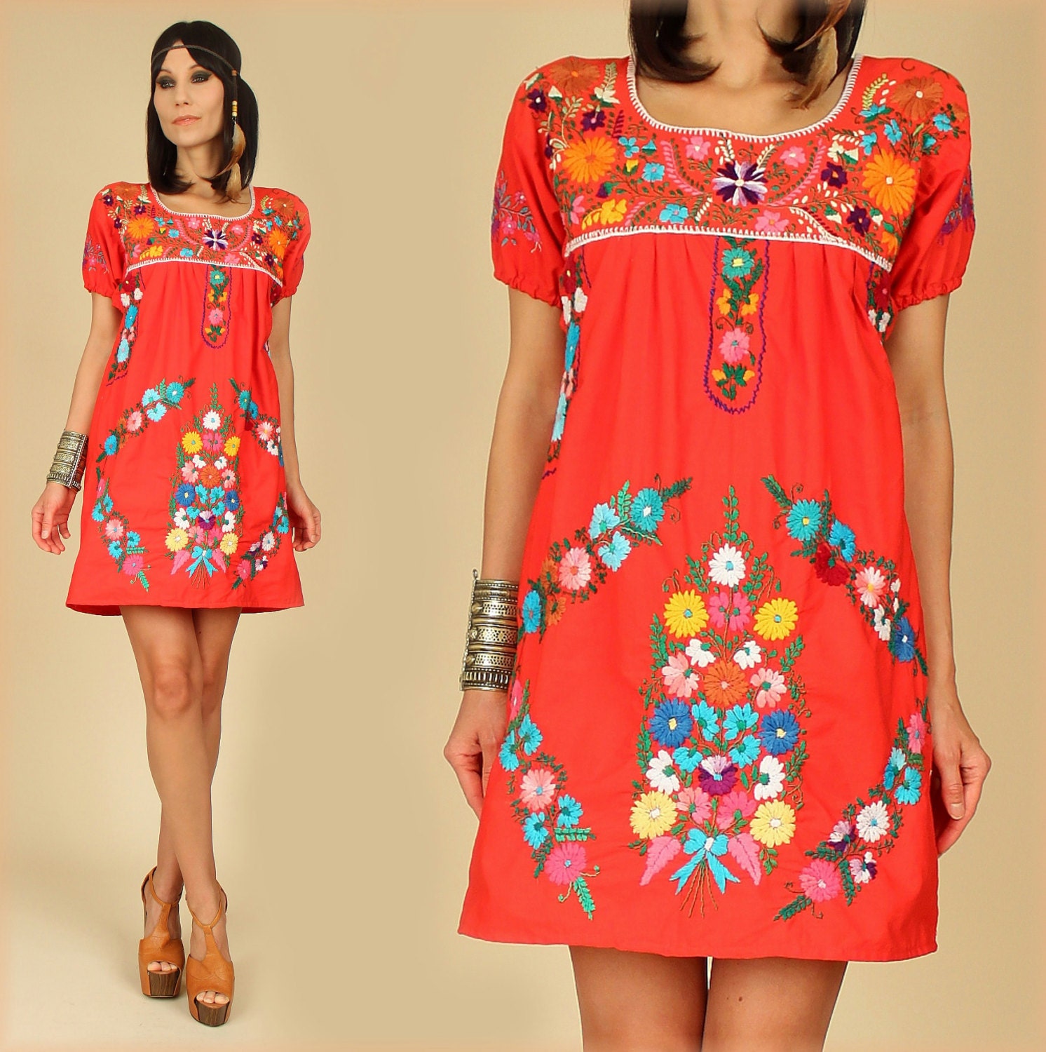 ViNtAgE 70's Artisan Made Hand EMBROIDERED Red Floral Mexican MiNi Cotton Dress S/M