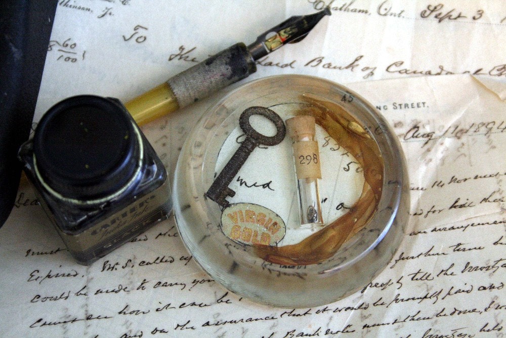 Vintage Glass Paperweight Virgin Gold, Key & Glass Vial