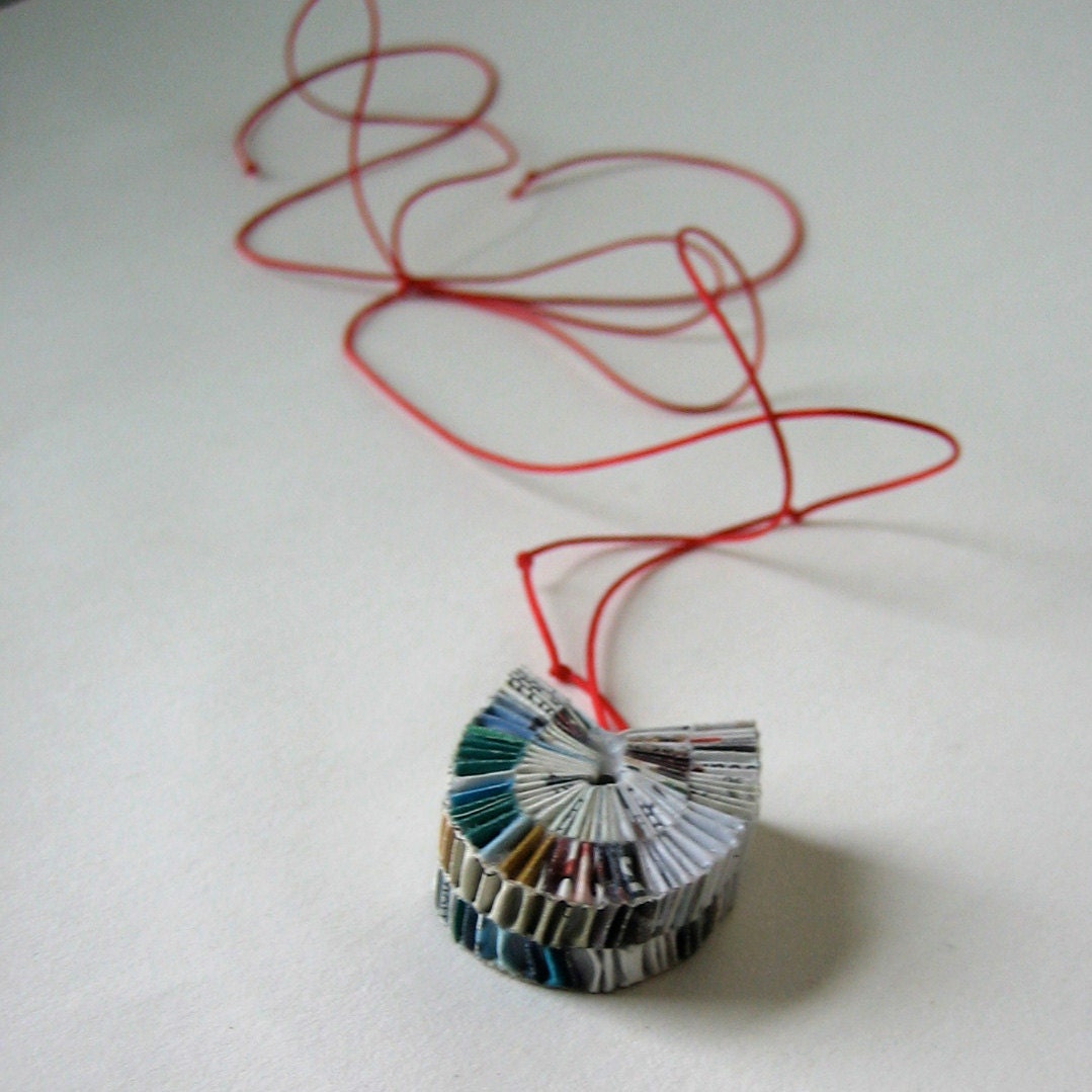 Lucky Horse Shoe Junk Mail Necklace On A Bright Red Cord - Eco Chic