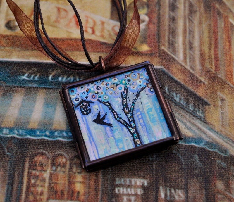 Tree Necklace - Bird Pendant - Handpainted - Birdhouse - Periwinkle - Purple - Original Dana Marie Wearable Art - EBSQ
