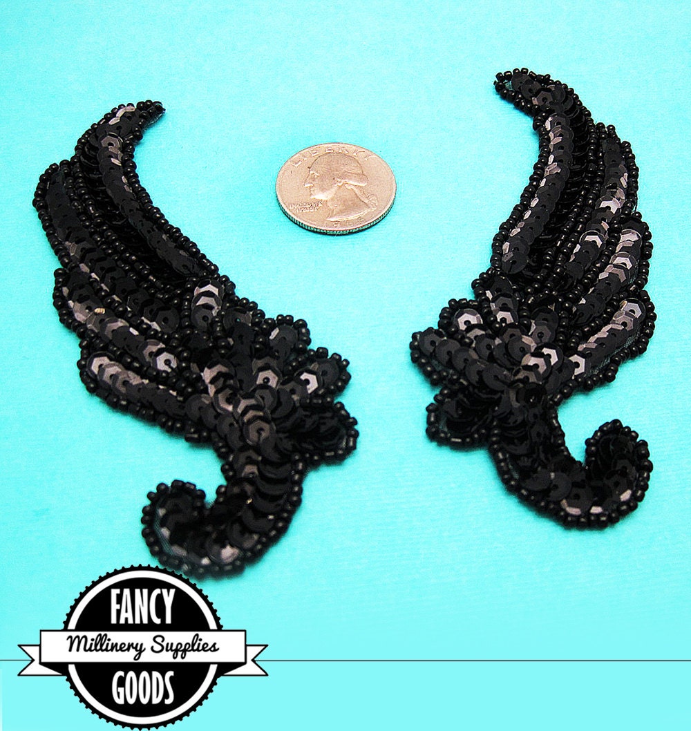 2 - Black - Beaded - Wing - Appliques - Raven - Goth