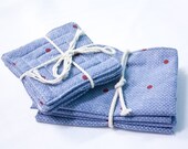 Blue with Red Polka Dotted - Set of 4 Reversible Coasters and Matching Reusable Napkins - made with reclaimed and remnant fabrics