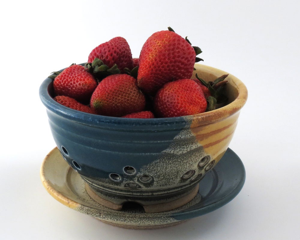 Berry Bowl - Colander - Ceramic - Yellow Salt / Deep Turquoise / Handmade Wheel Thrown Pottery