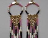 Seed Bead Hoop Chain Earrings - Opal Pink/Black/Cream