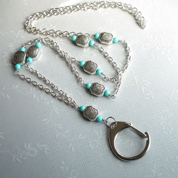 Silver Chain ID Badge Lanyard, Silver and Turquoise Beads