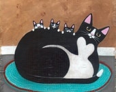 Tuxedo Mother and Kittens Original Cat Folk Art Painting