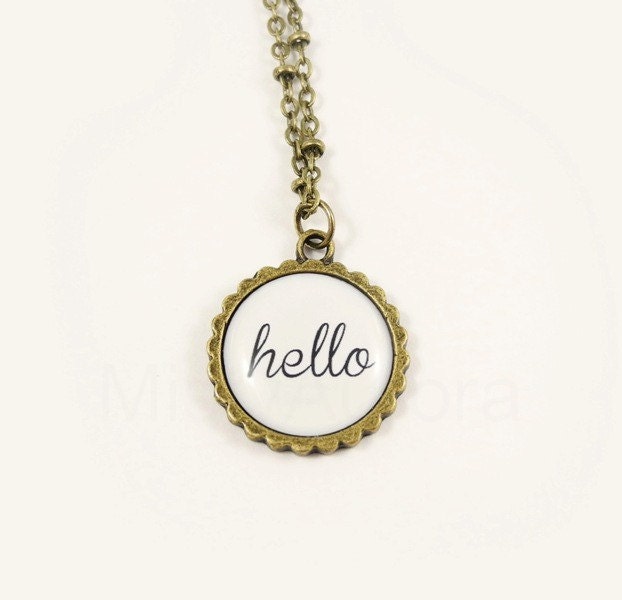 Hello Pendant Necklace - Typography Jewelry - Greeting Pendant Necklace - Black White Necklace - Conversation Starter