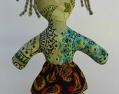 Vintage Green Lacy Print Cotton and Tiny Paisley Wool Blend Either Way Doll for Kids.