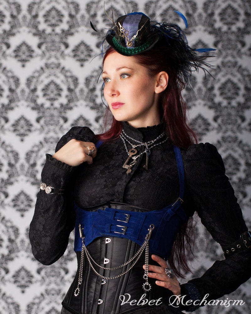 Steampunk Harness Royal BLUE Velvet Faux Suede Underbust Bodice with Silver Gears, Buckles, Chain, and Antique Keys by Velvet Mechanism