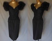 Vintage 80s Tadashi Dress - 1980s Cocktail Party Black Wiggle Dress with Ruched Bodice and Crystal Pleated Ruffle Sleeves  - Size S