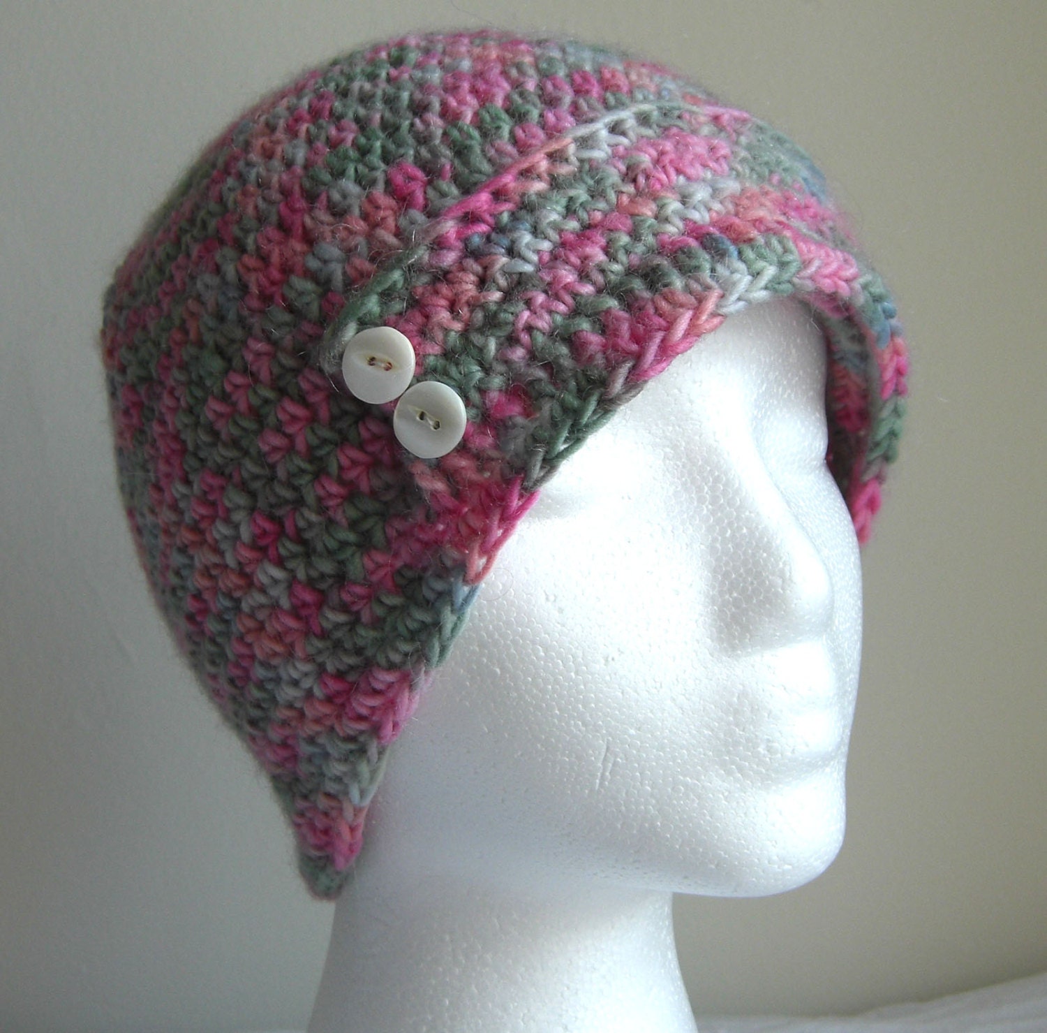 Colorful Winter Crochet Hat with Vintage Buttons and Decorative Brim