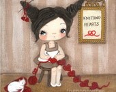 Knitting Print Girl Love Kitten Wall Art---Knitting Hearts 8 x 8