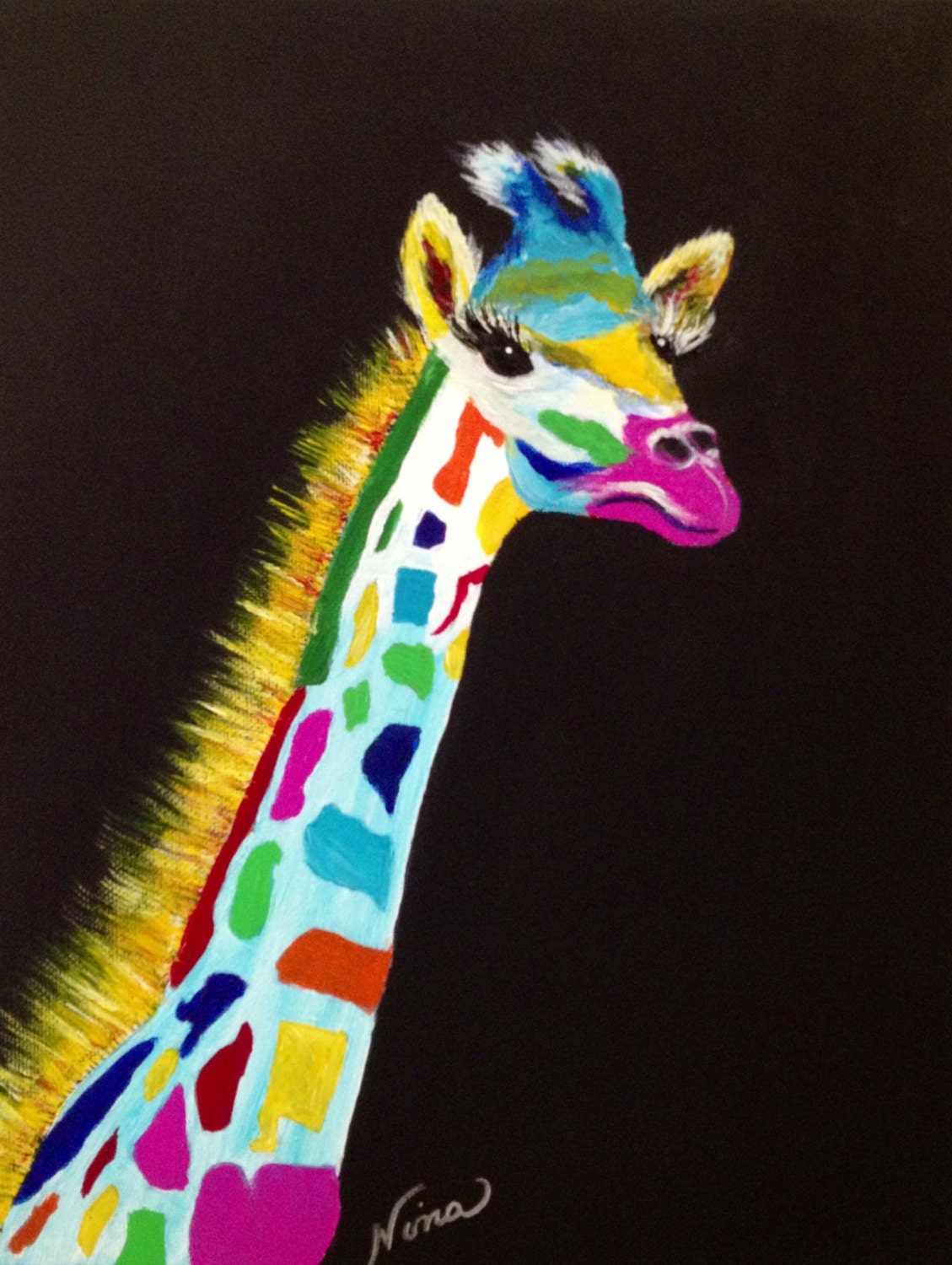 11x14 Giraffe multicolor rainbow animal zoo red original acrylic wrap around canvas green blue white