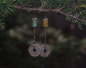 Primitive Turquoise, Boho, Statement Earrings, Antique Chinese Coins