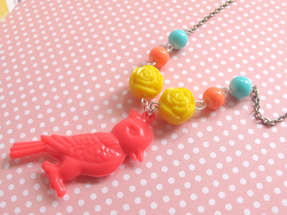 Retro Vintage. Nature Hot Pink Parrot Bird. Yellow Rose. Bright Neon Orange. Blue Glass Beads. Bright Statement. Spring Summer Necklace