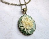 Cameo Necklace - sage green - long chain - vintage style - flower bouquet