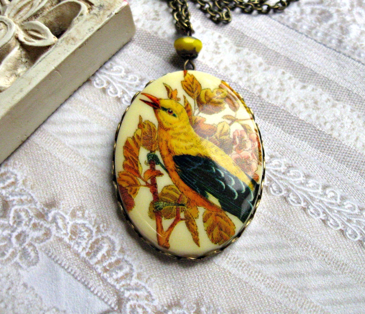 Yellow Bird Necklace, long brass chain - large pendant, nature jewelry