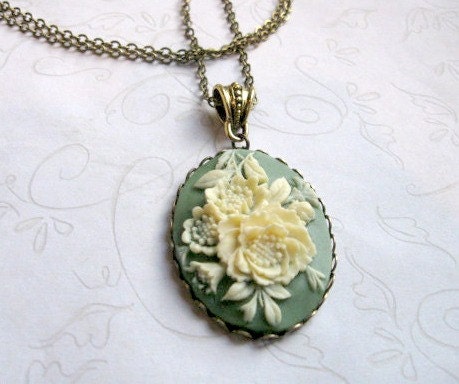 Cameo Necklace - sage green - long chain - vintage style - flower bouquet