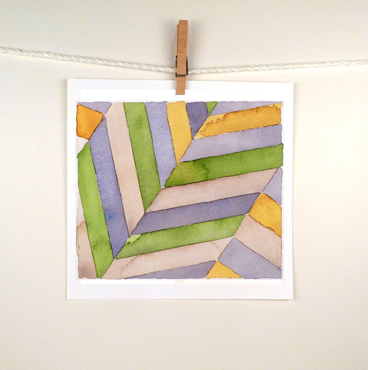 Abstract Geometric Art - Watercolor Painting Print  - Chevrons Diagonals Stripes, Ash Grey, Emerald Green - AECO to 7.5 x 9.5