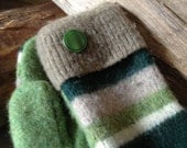 Felted Wool Sweater Mittens St Patrick's Day Stripes Green and Tan Eco Friendly