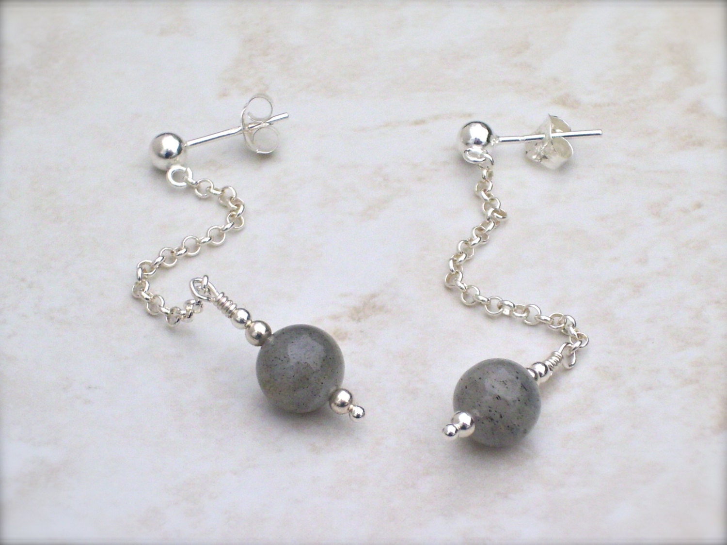 Labradorite earrings with sterling silver, light grey stones with blue flash, dangle style