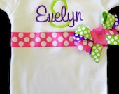 Personalized bodysuit onesie for baby girls toddler- Initial Number Embroidery Custom Order Hot Pink, Purple, Lime Polka Dot Bows