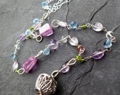 Gemstone charm necklace sterling silver blue topaz amethyst ametrine garden party bright pastels spring fashion birdcage -Fly Away-