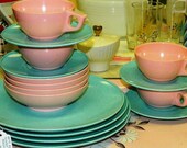 Vintage 1960's Texasware Melmac, Texas Ware Shabby Chic Combo Set, Atomic Teal & Pink, Summer Time Picnic retro 60's
