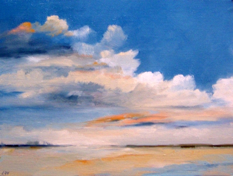 oil landscape painting original 100% charity donation, "Bluster" 9X12 canvas  panel, clouds, ocean