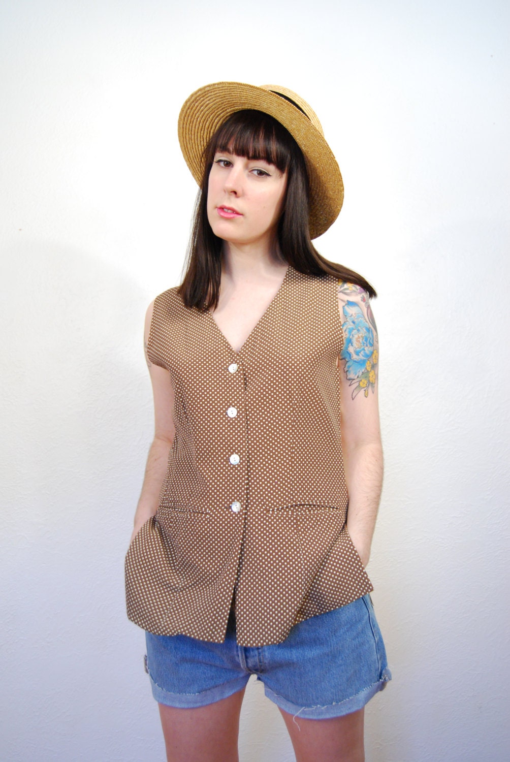 vintage 1980s / polka dot / vest / preppy / cream / grunge / S-M