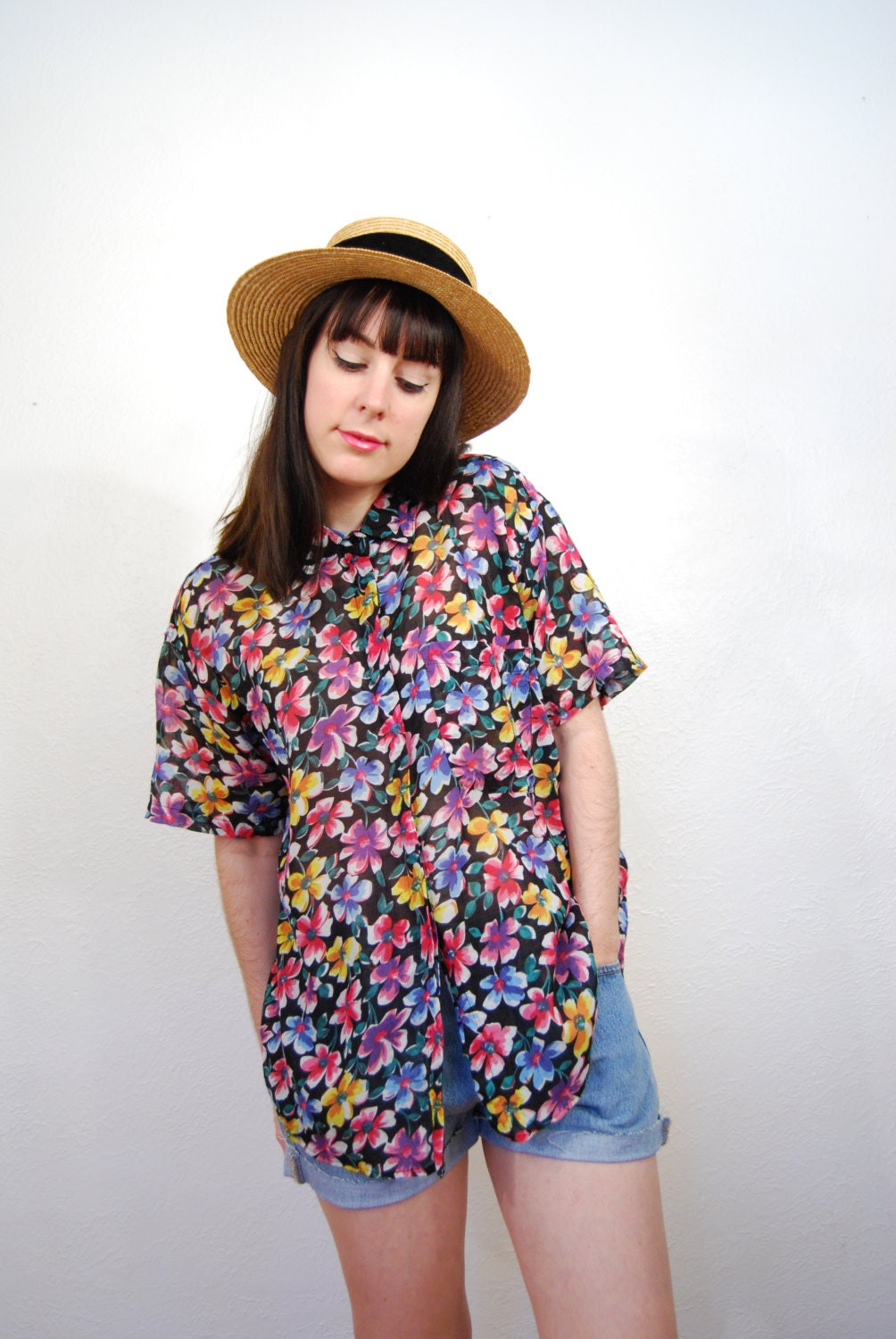 vintage 1990's / black / floral / sheer / over size / blouse / shirt / grunge / size S-M-L