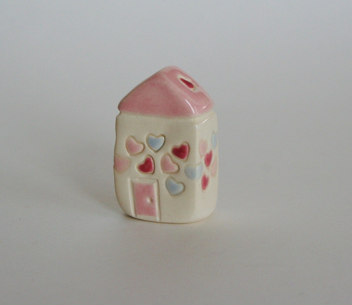 Little Clay House  confetti hearts pink white Miniature Ceramic House Cottage the little red door