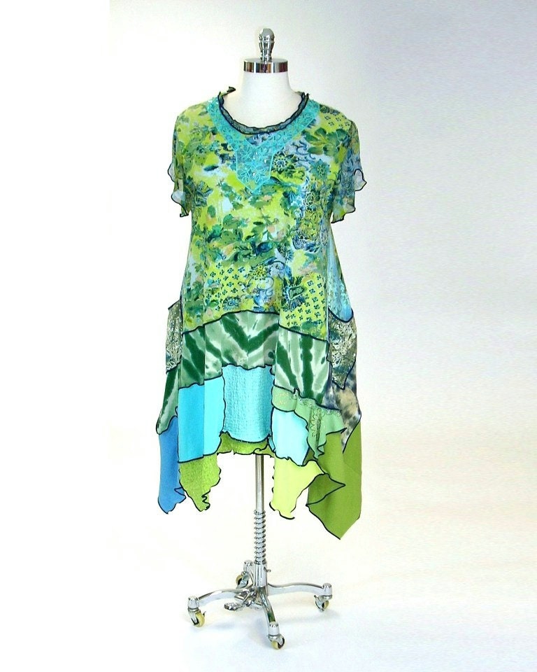 Plus Size Dress, Aqua and Green,  Romantic Style, Cotton Knit, Size 2X  (18,20,22)