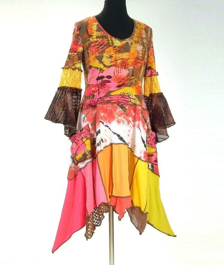 Brown and Coral Abstract Print Cotton Dress, Size Medium (10-12)