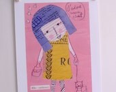 I adore my cat  - Paper Collage - Paper doll - Print - blue