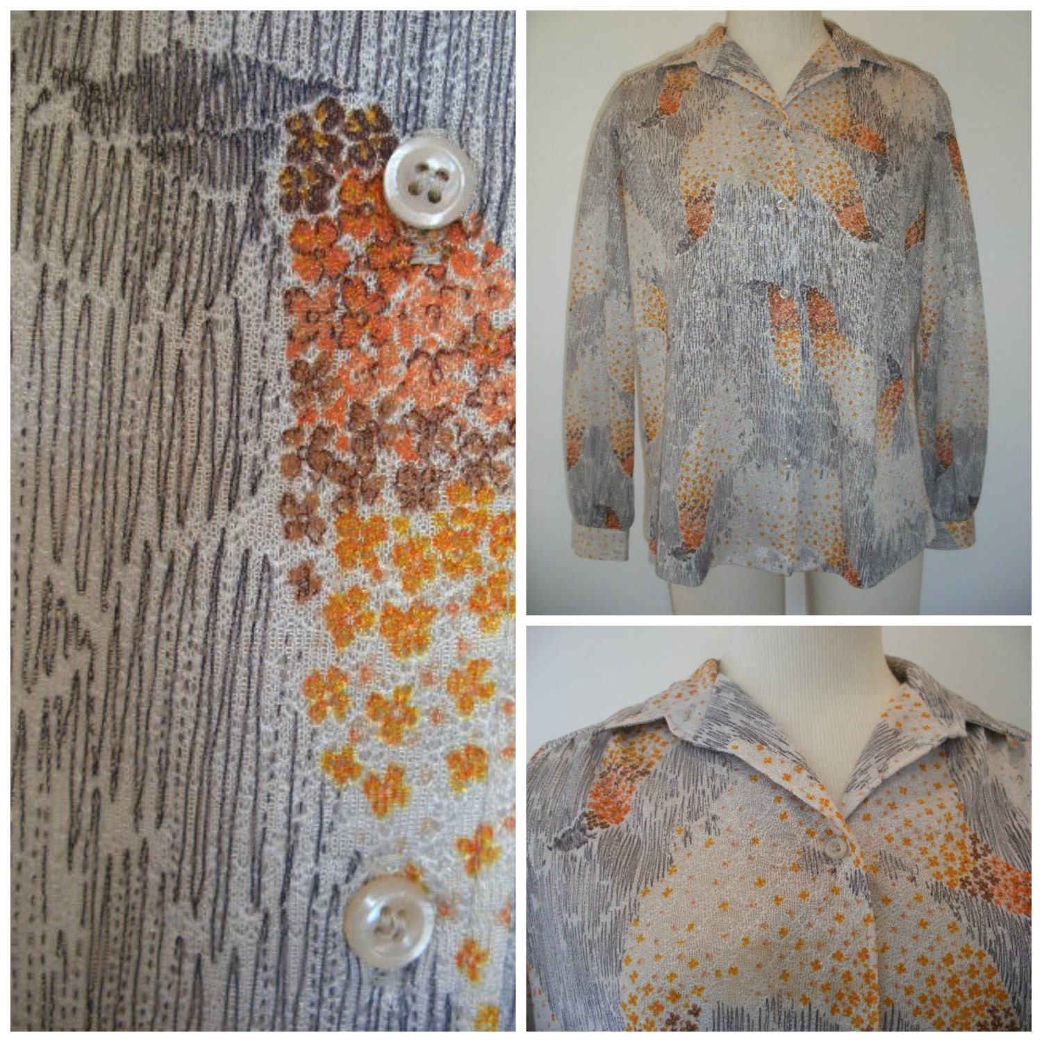 70s blouse abstract peacock print, looks like artist's sketch, unique beautiful slightly sheer conversation blouse.