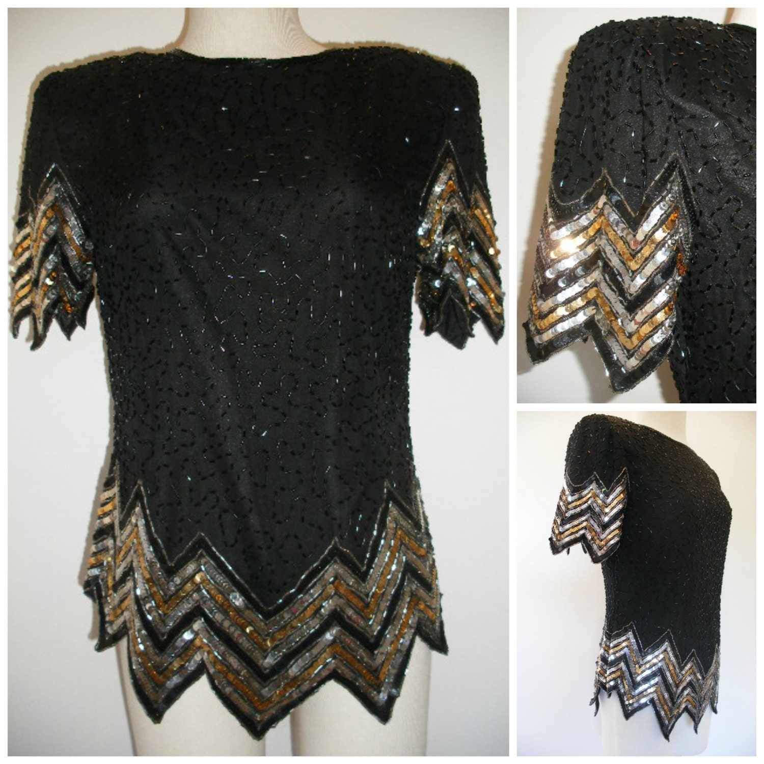 80s beaded disco glam top by Scala, gold, silver and black metallic sequined Chevron pattern, sophisticated bling top.
