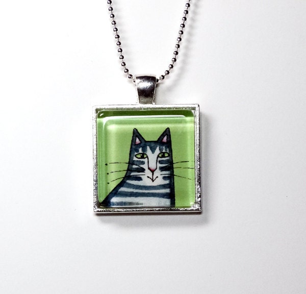 Gray Tabby Cat Glass Pendant in Silvertone Setting