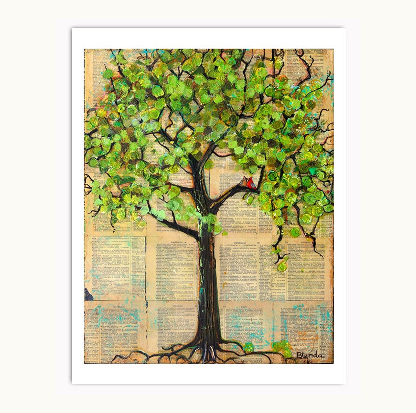 Art Tree Signed Print 8X10 Wall Decor Birds Cardinals Lovebirds