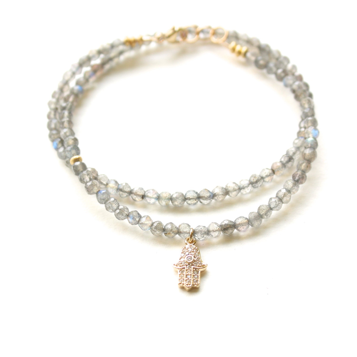 TenThings. LABRADORITE beaded hamsa double wrap bracelet.