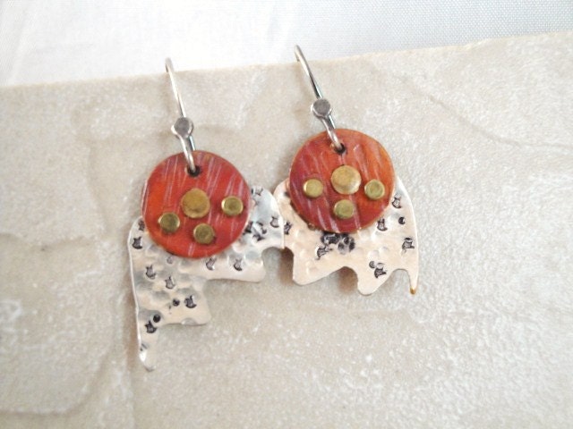Industrial Robot earrings. Steampunk. Riveted. Red copper. Silver. One of a Kind. OOAK. Mixed metals