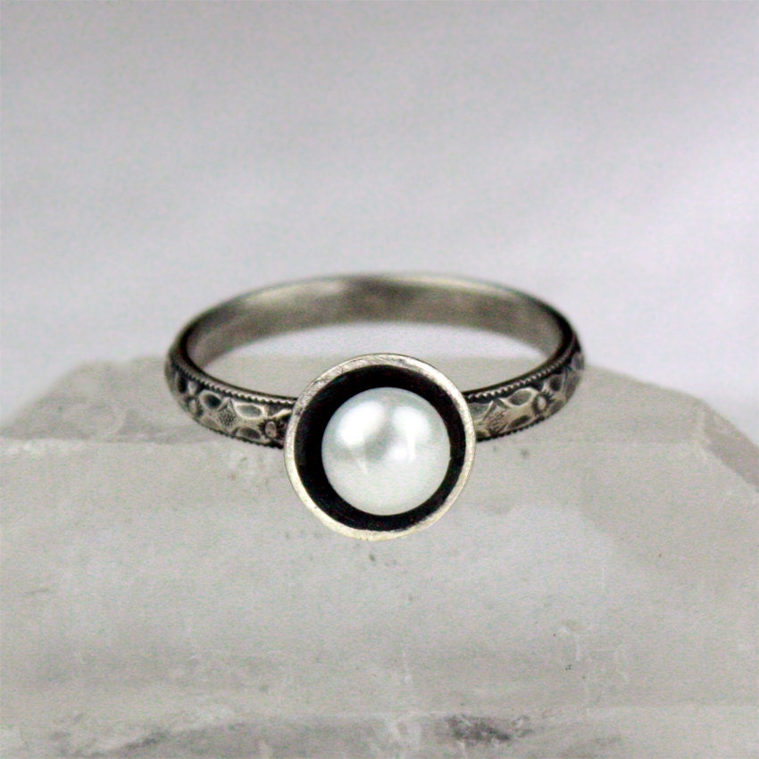 Pearl Ring with Etched Silver Band, Modern Vintage Style, Weddings