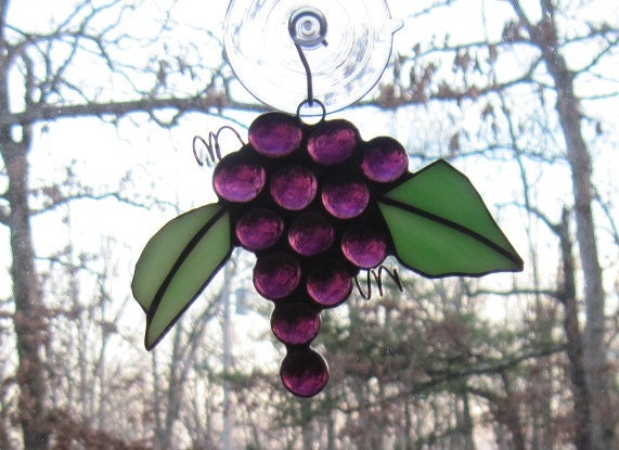Stained Glass Suncatcher, Grape Cluster with Medium Green Leaves