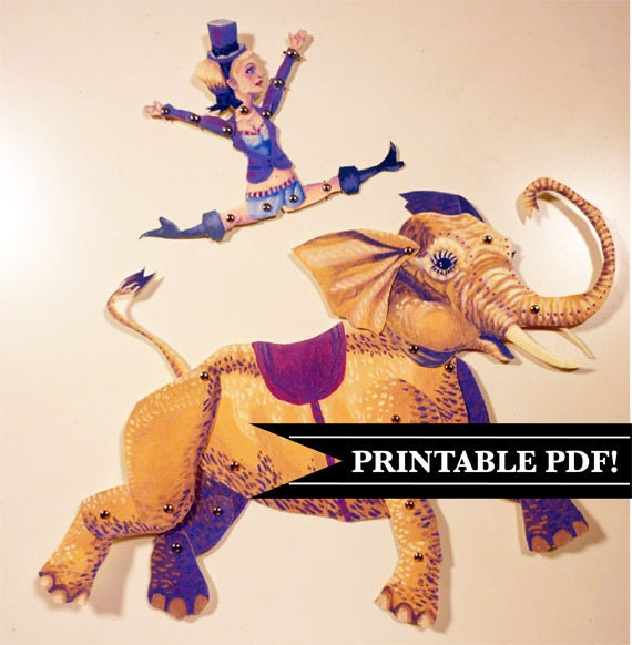 DIY Circus Elephant & Lady Printable PDF Paper Puppet Doll Set, Yellow, Purple For Paper Play, Paper Crafts