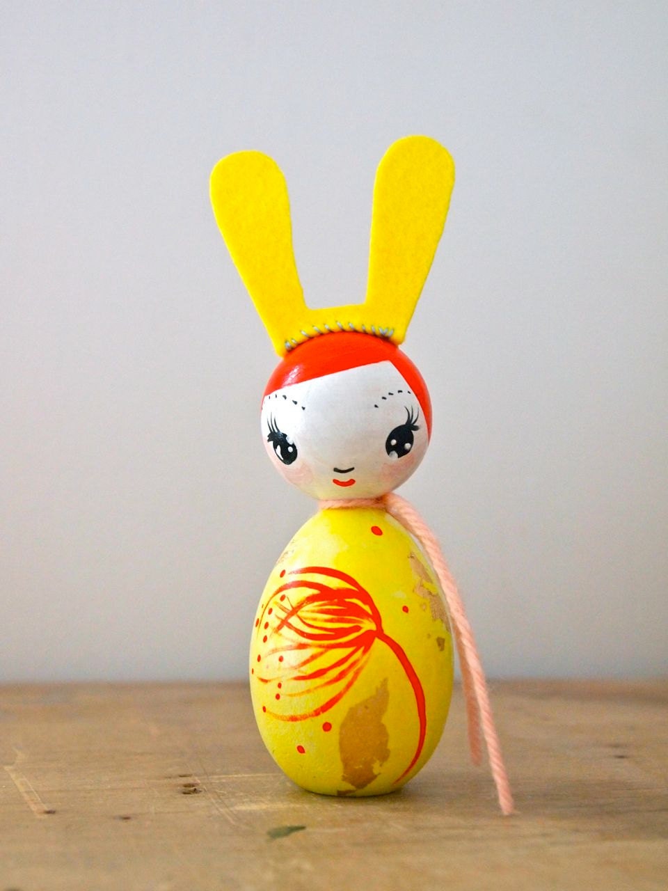 Hand painted wood kokeshi doll bunny girl