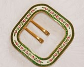 Large Square Brass Edwardian Enamel Buckle - Handpainted Emaux Peints Roses and Guilloche Border 1900-1910