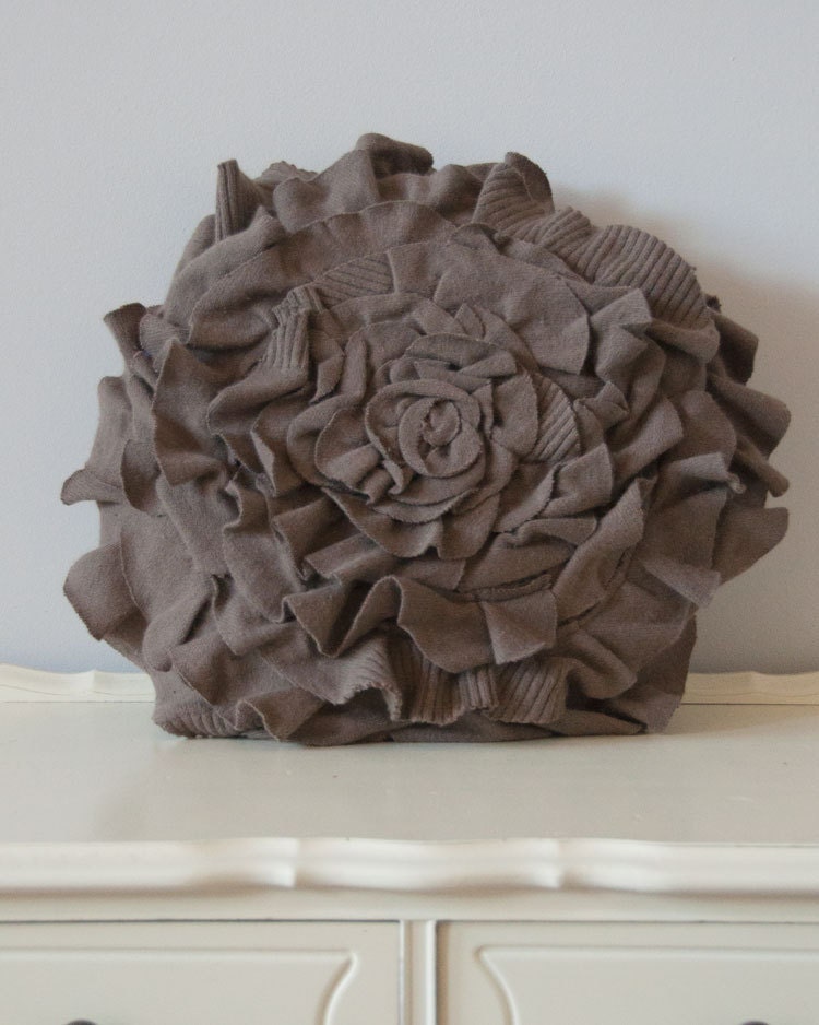 Large 19" Ruffle Rose Pillow in Mocha Brown Taupe. Recycled, EcoFriendly, Luxurious