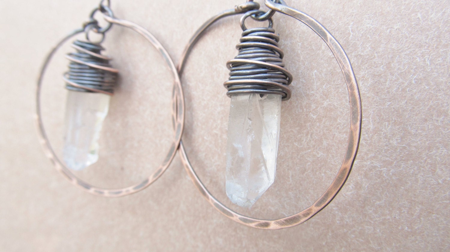 Hoop Earrings Chandelier Earrings Raw Quartz Crystal Point Copper Hoops Rustic Jewelry DanielleRoseBean Large Hoop Earrings