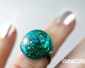 Jewelry - Ring - Green Glitter Beach Friendly Glitter Resin Dome Ring Sky and Sea Fresh Springtime Colors by isewcute