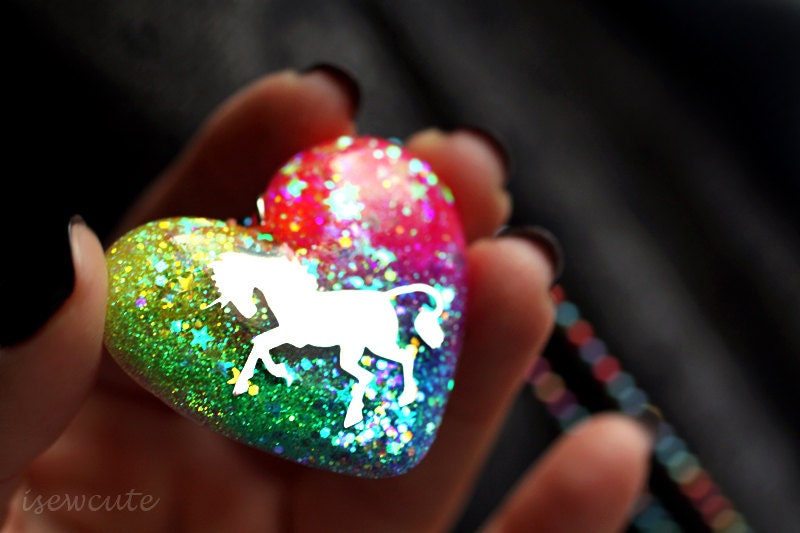 Unicorn Jewelry, Rainbow Unicorn Necklace, Rainbow Heart Sparkly Modern Glitter Pendant with Rainbow Bright Colorful Chain by isewcute